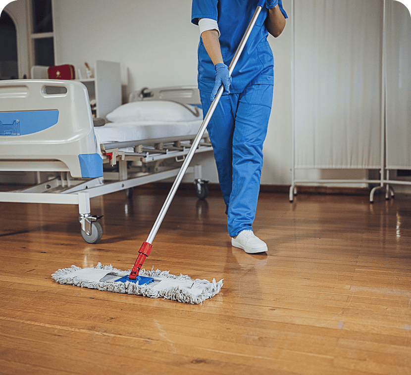 Cleaning staff in blue uniform