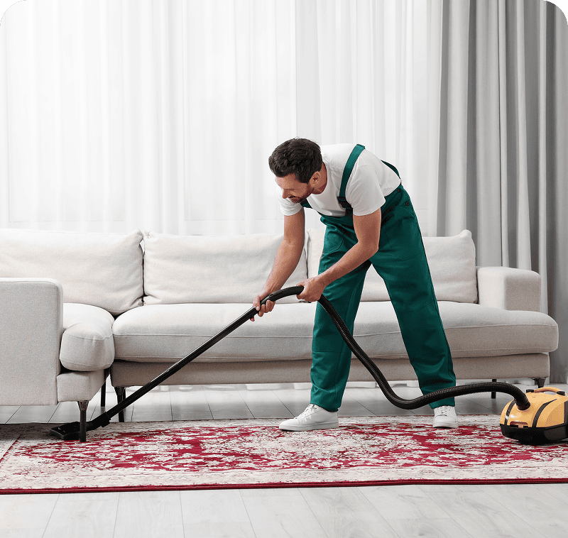 Cleaning service worker vacuuming carpet