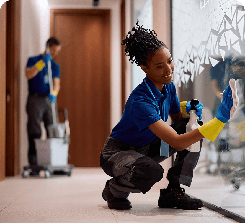 Janitorial staff cleaning hallway