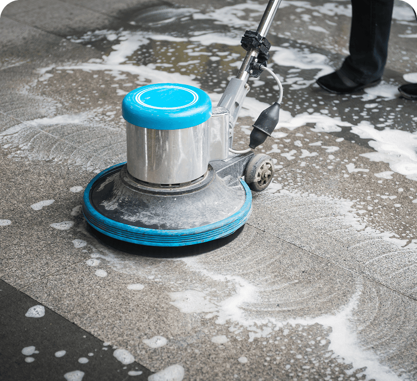 Floor buffer cleaning with soap suds
