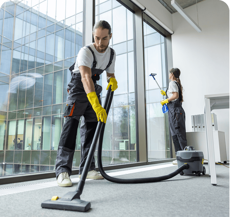 Office cleaning with vacuum and window washing