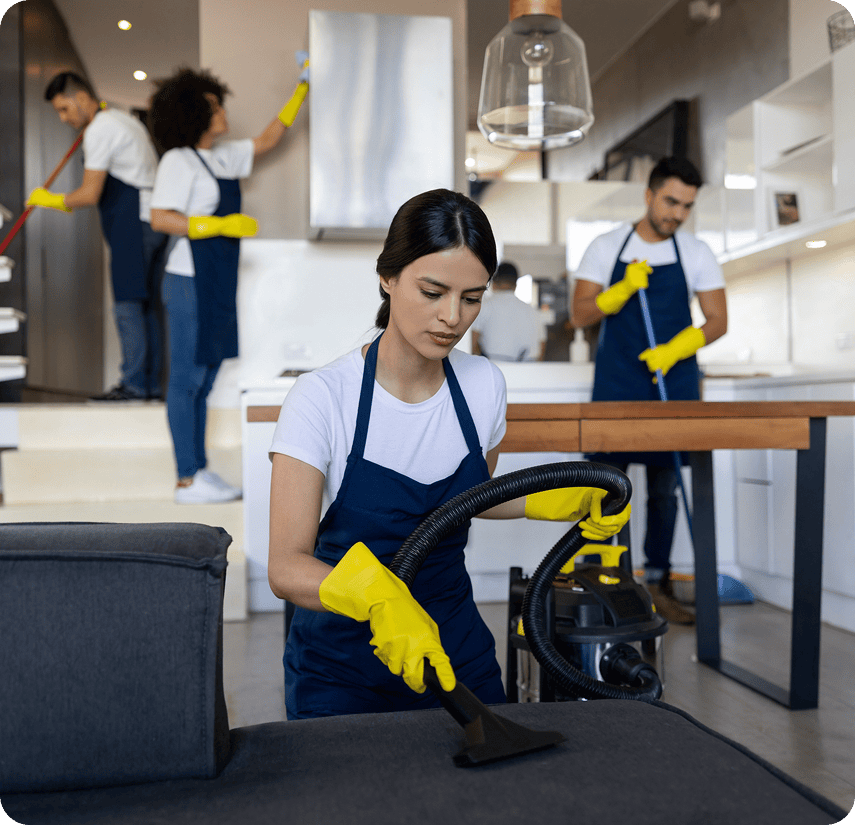 Group vacuuming and dusting a modern space