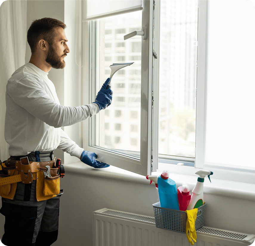 Professional window cleaner at work