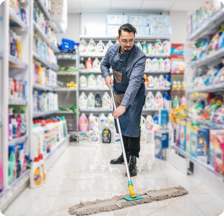 Man mopping floor in cleaning aisle