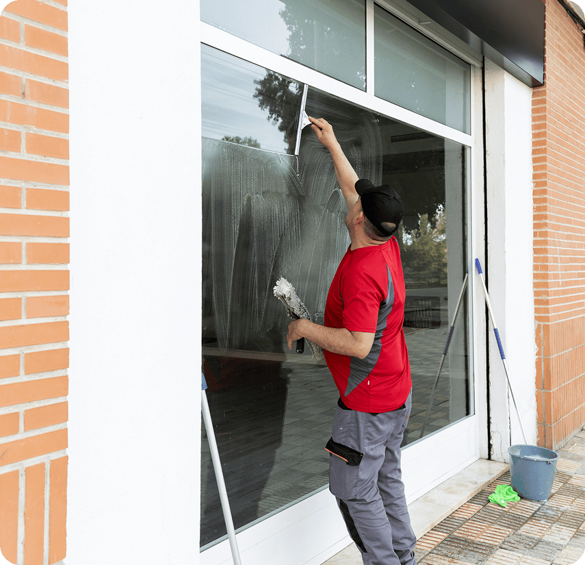 Man washing storefront window